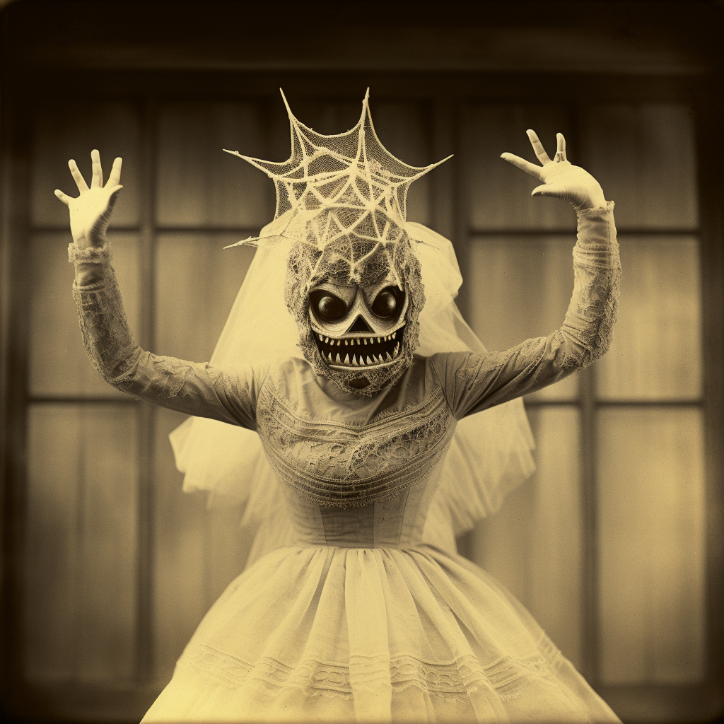 Woman dancing in Halloween mask and 19th century costume