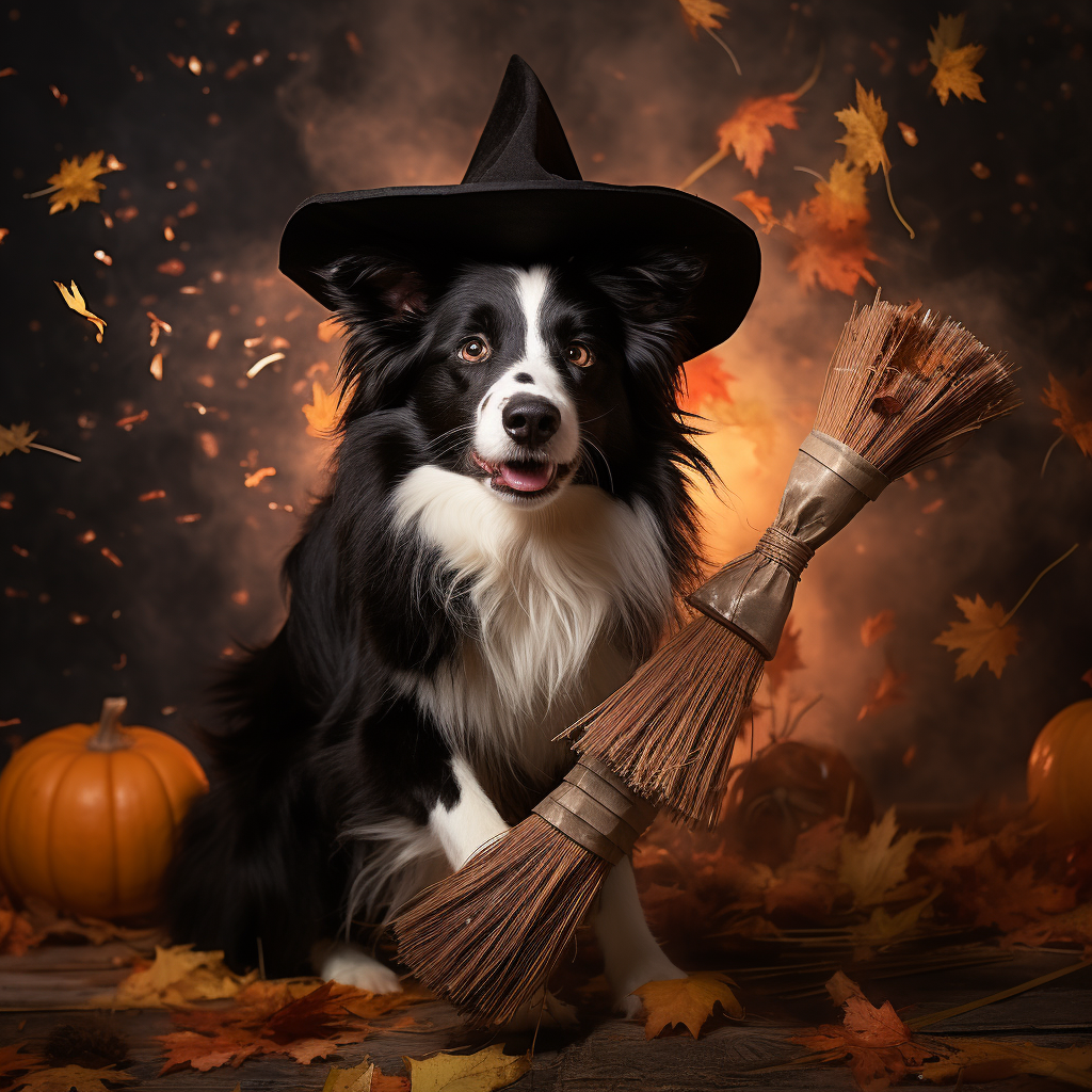 Border collie on Halloween broom decoration