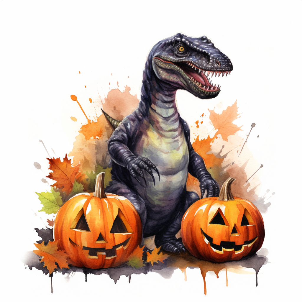 Halloween dinosaur among pumpkin patch