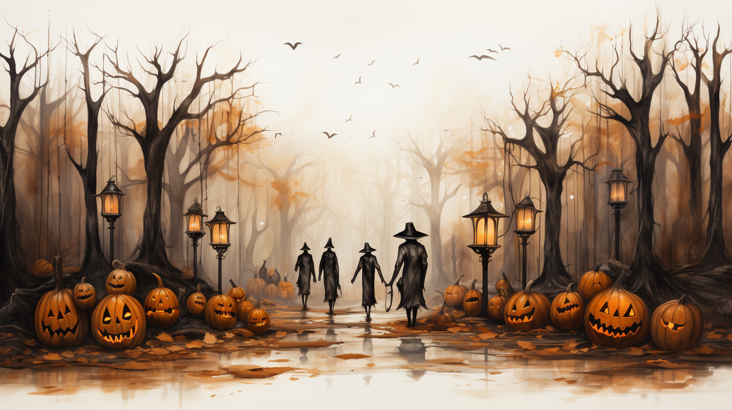 Spooky Halloween forest path with skeletal creatures