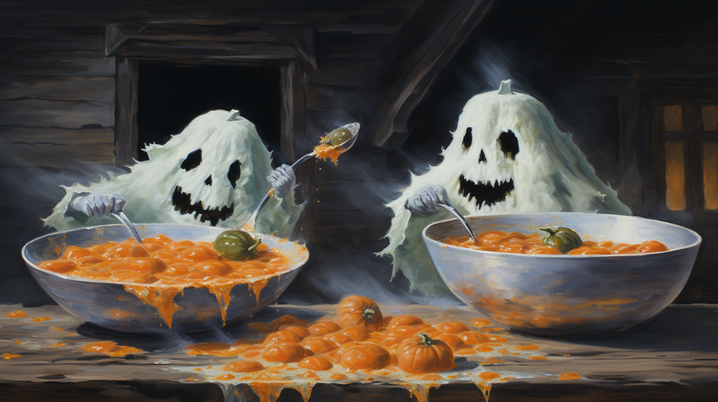 Halloween ghosts enjoying rice and beans feast