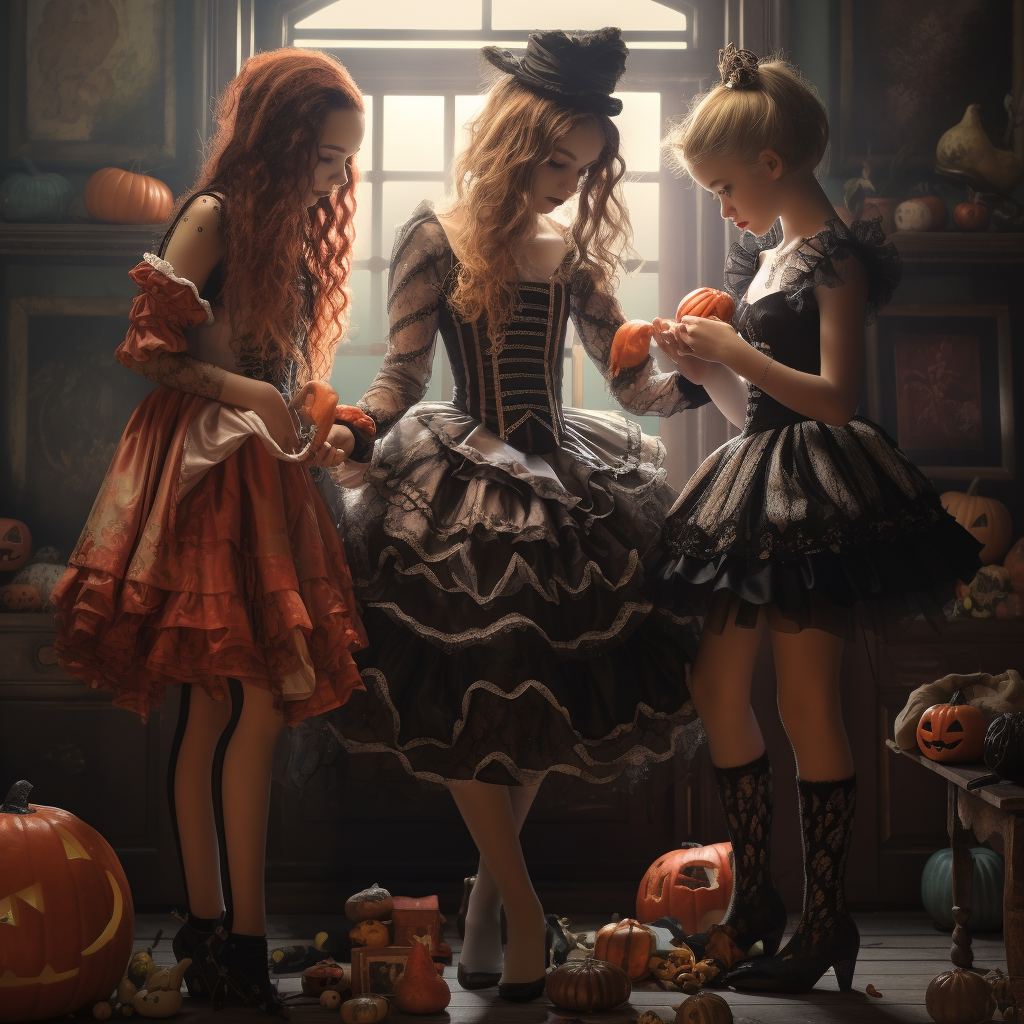 Three girls in Halloween costumes