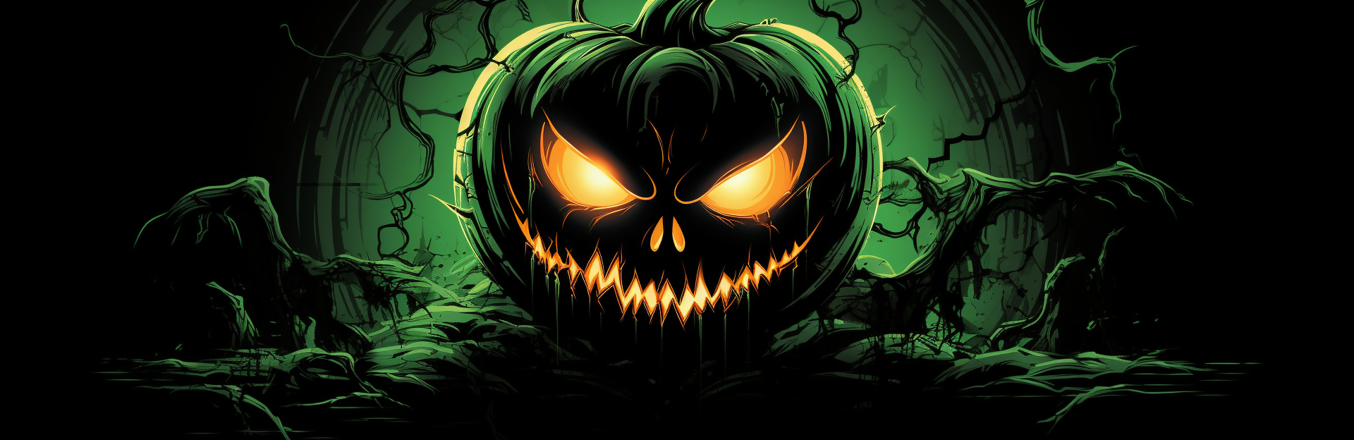 Dramatic Halloween Jack-o-Lantern with Green Glowing Eyes  (6 words)