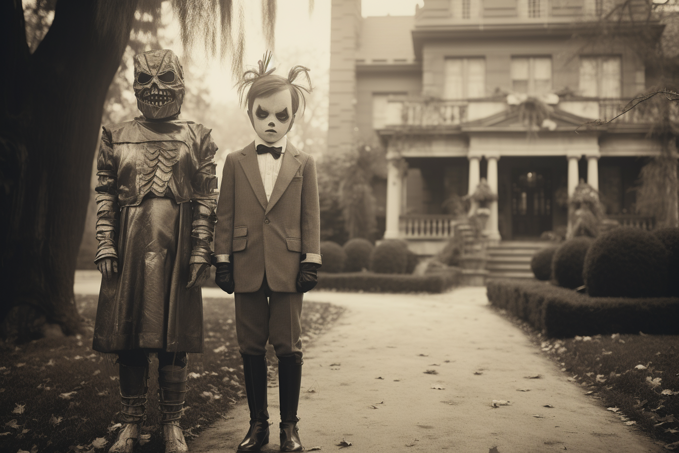 Two kids in Halloween costumes at fancy mansion