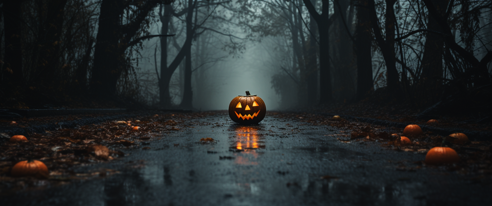 Halloween Pumpkin in Eerie Damp Forest