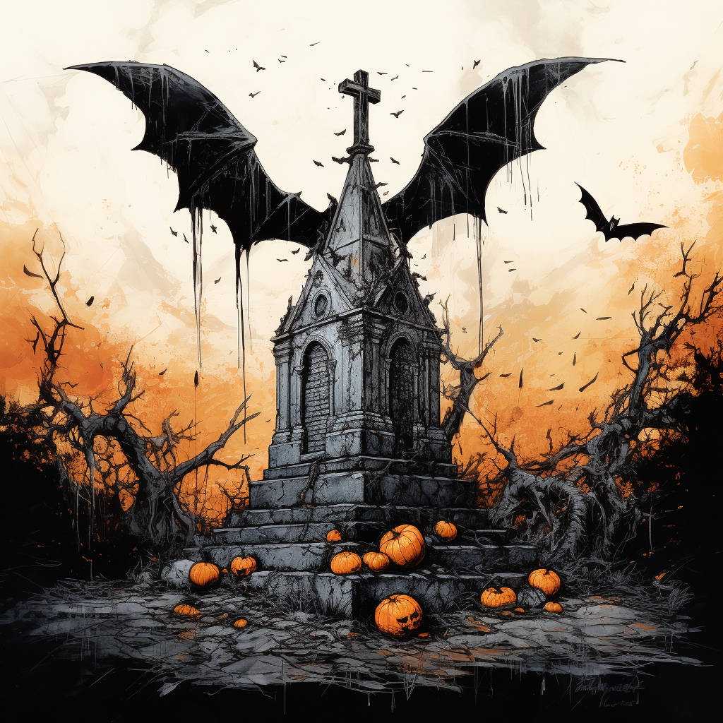 Spooky Halloween Pumpkin with Gravestone and Bats