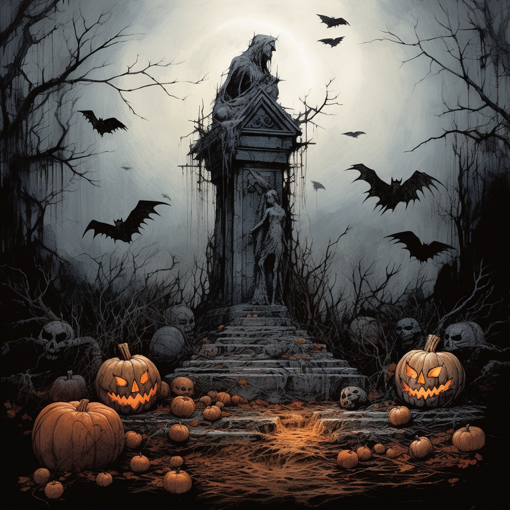 Halloween pumpkin in front of gravestone with bats