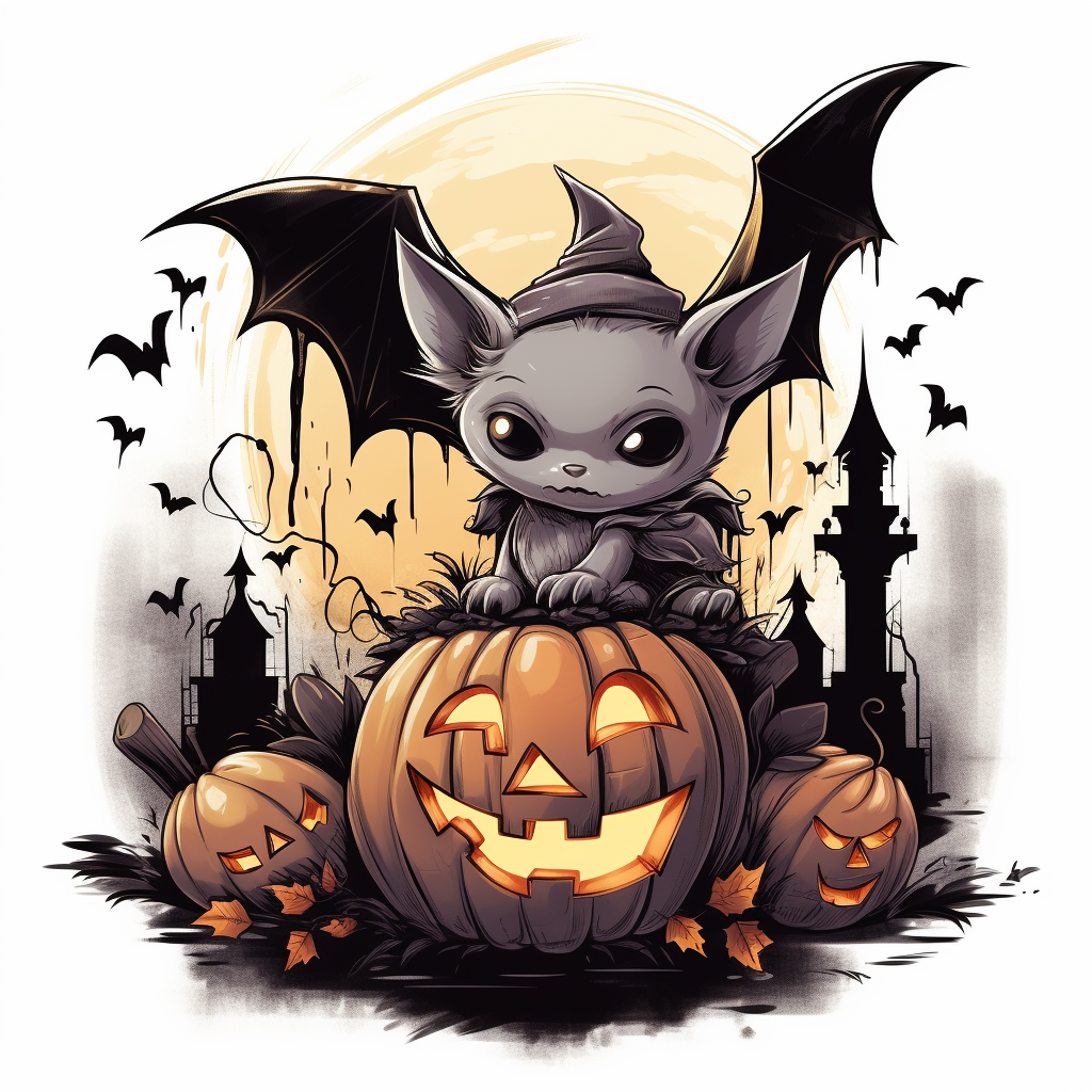 Cute bat on gravestone with pumpkin in the background