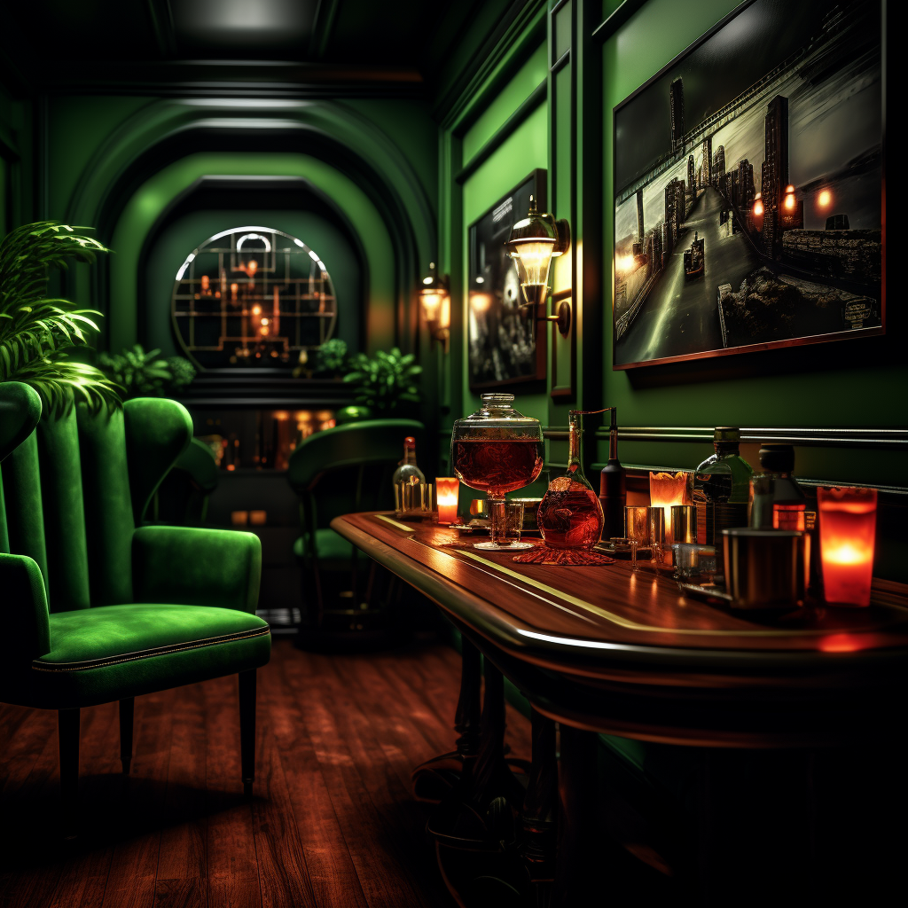 Halloween speakeasy interior with spooky decor