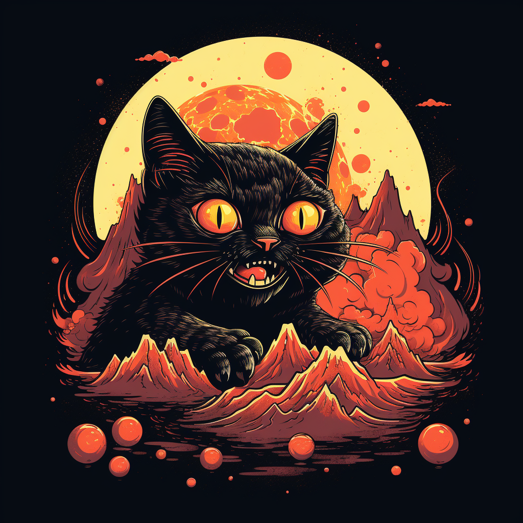 Playful Halloween-Themed Cat Smiling on a Volcano