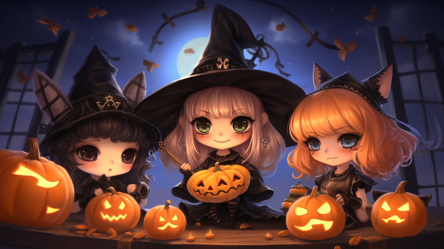 Kawaii anime girls dancing at Halloween party