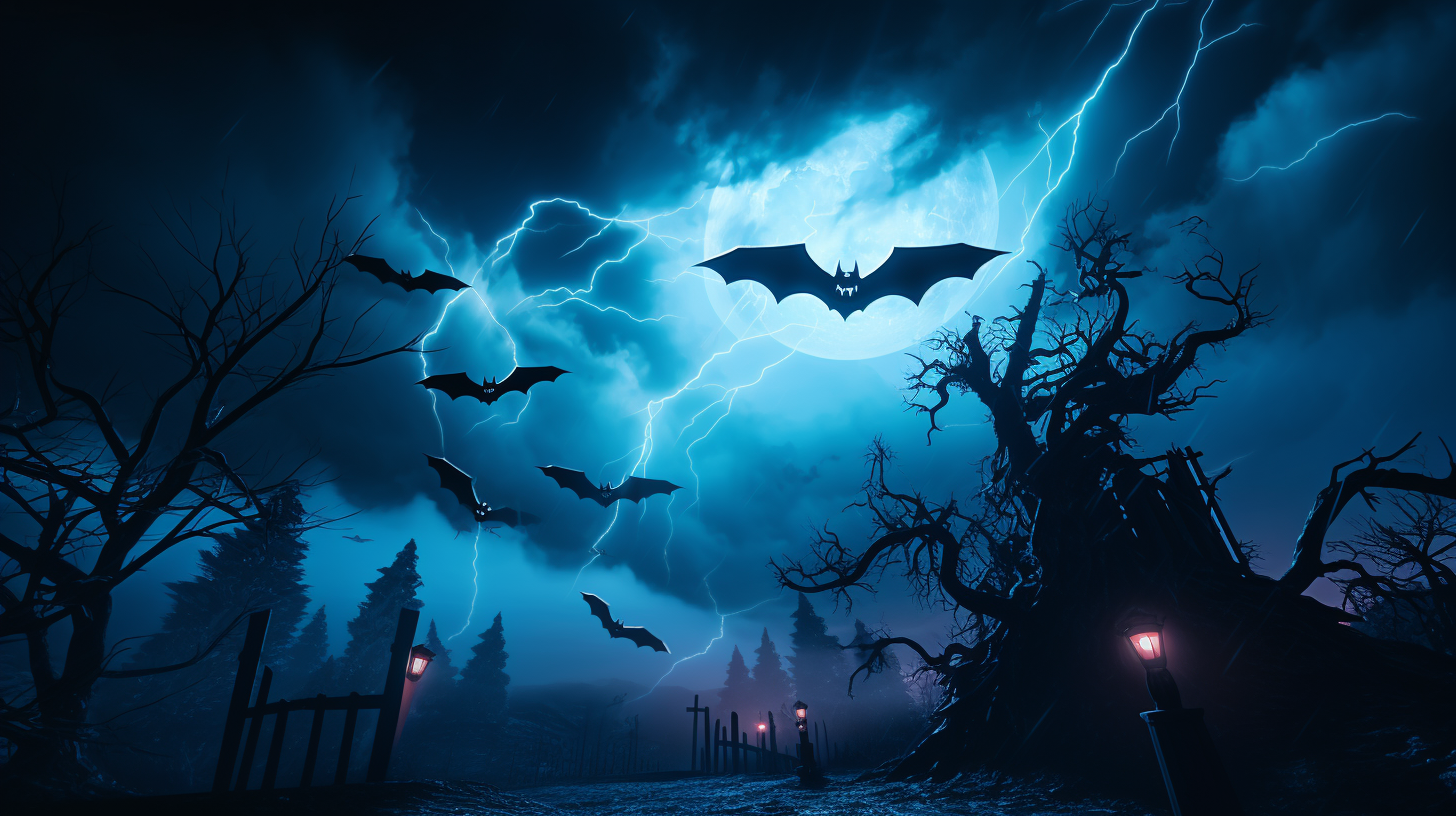 Halloween bats under a neon moon