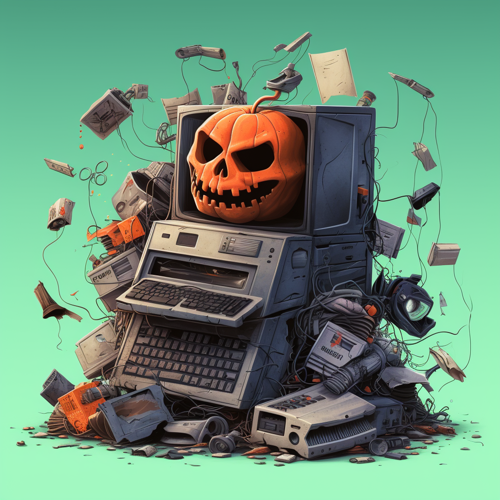 Cute Halloween elements with e-waste in focus