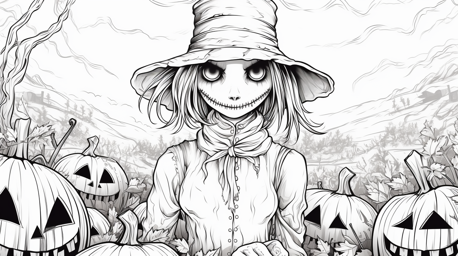 Simple line drawing of a female scarecrow