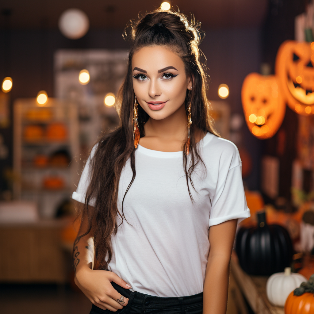 Beautiful woman in white T-Shirt at Halloween festival