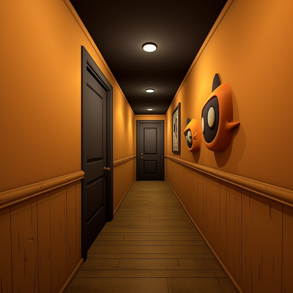 Cartoon-style Halloween hallway door