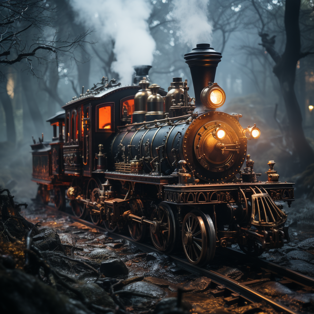 Eerie Halloween-themed steam engine in a foggy forest