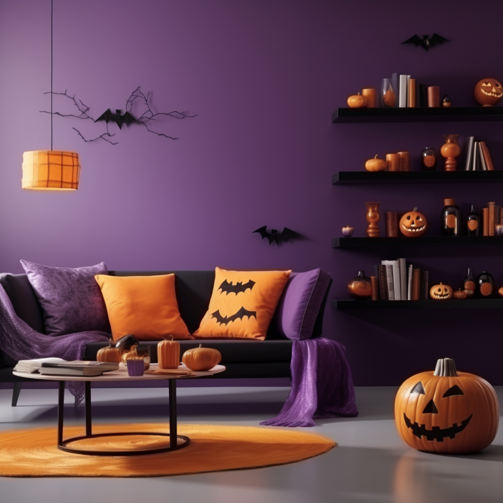 Purple and orange Halloween interior decor