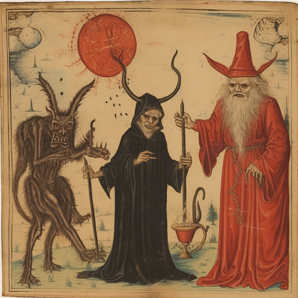 Halloween medieval demons and wizard in a manuscript