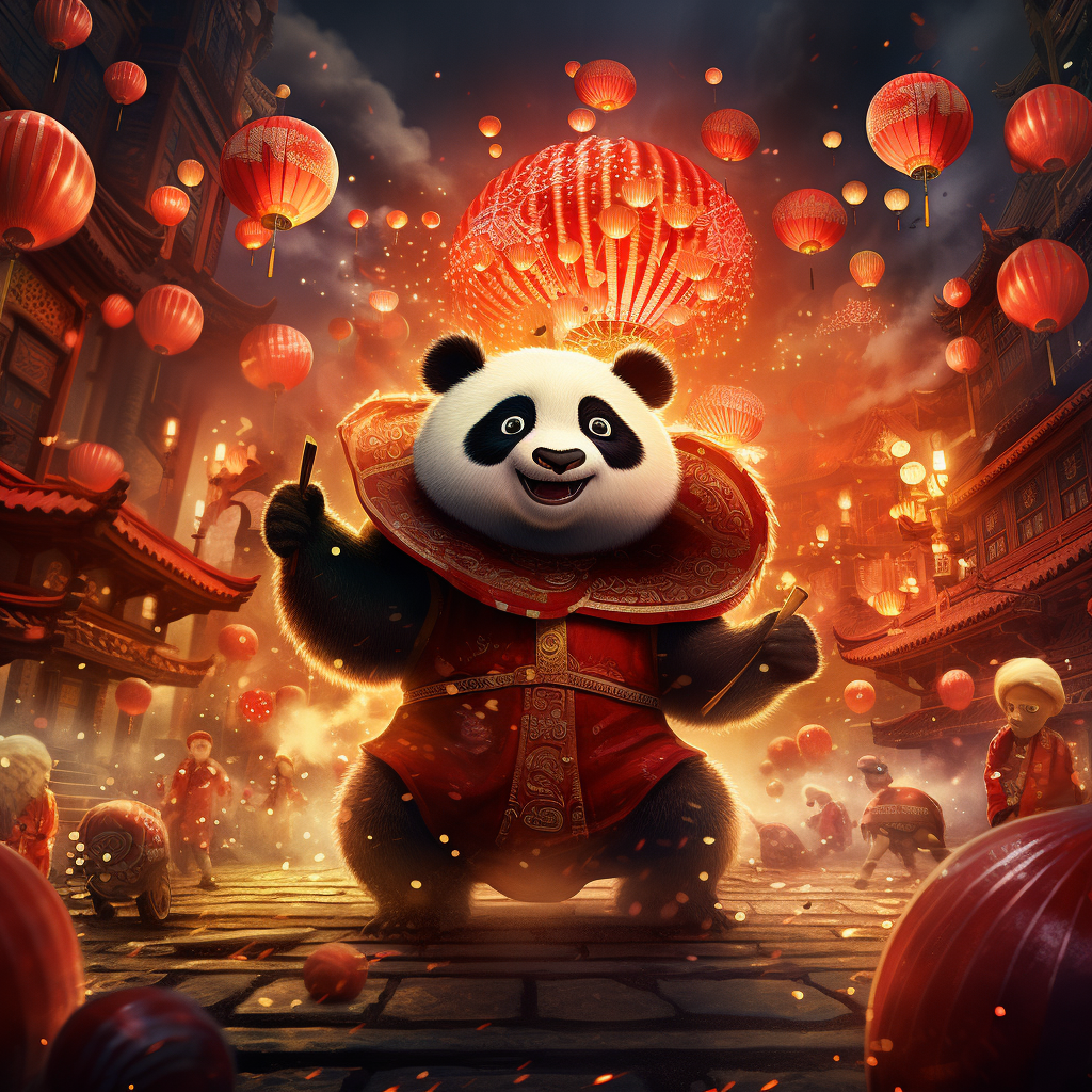 Panda wearing fireworks with glowing eyes