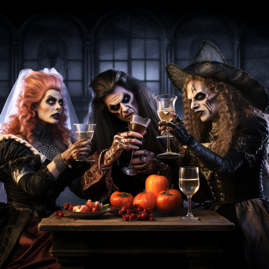 Four beautiful women dressed as Halloween characters with drinks