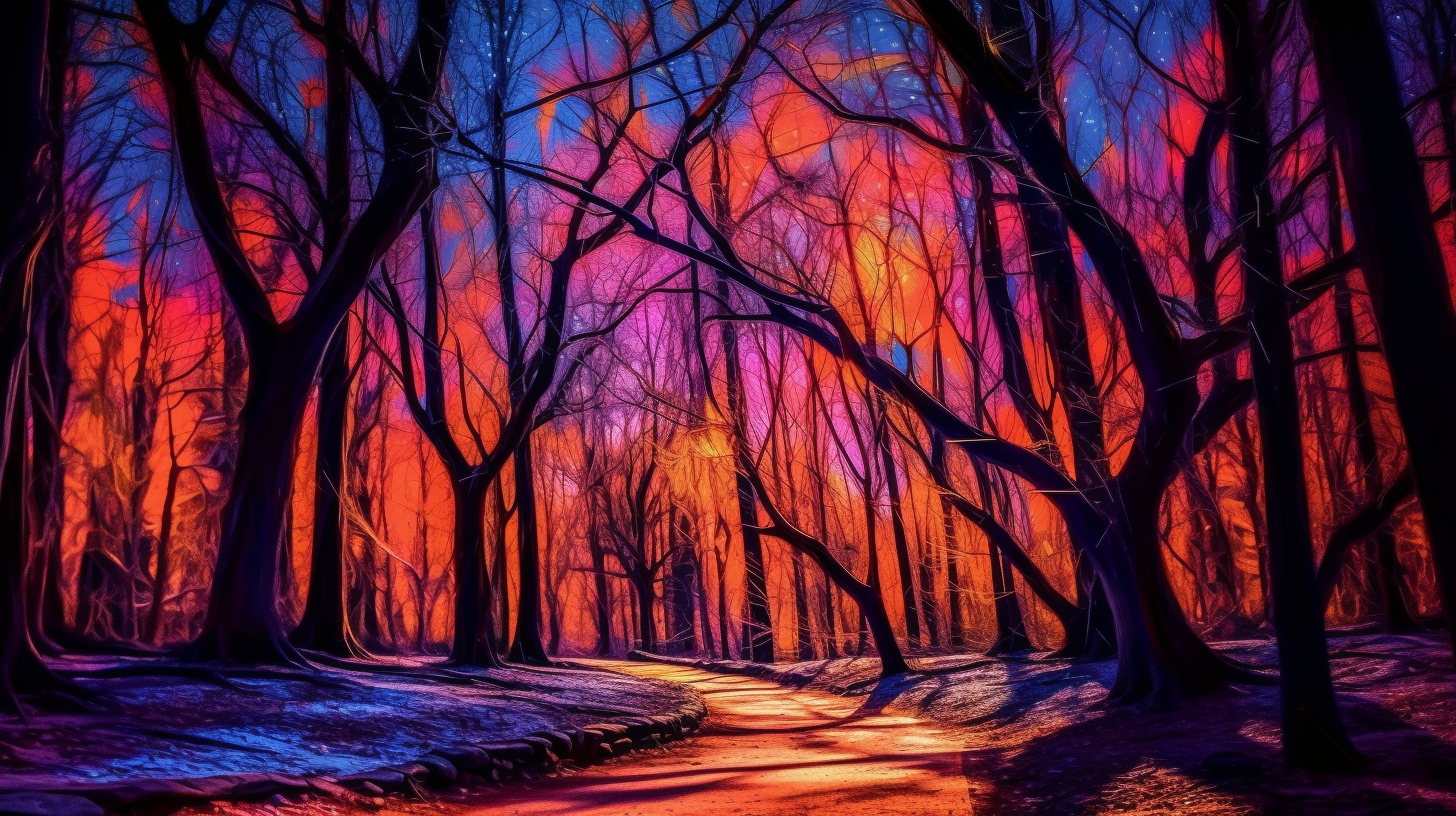 Vibrant psychedelic Halloween forest scene