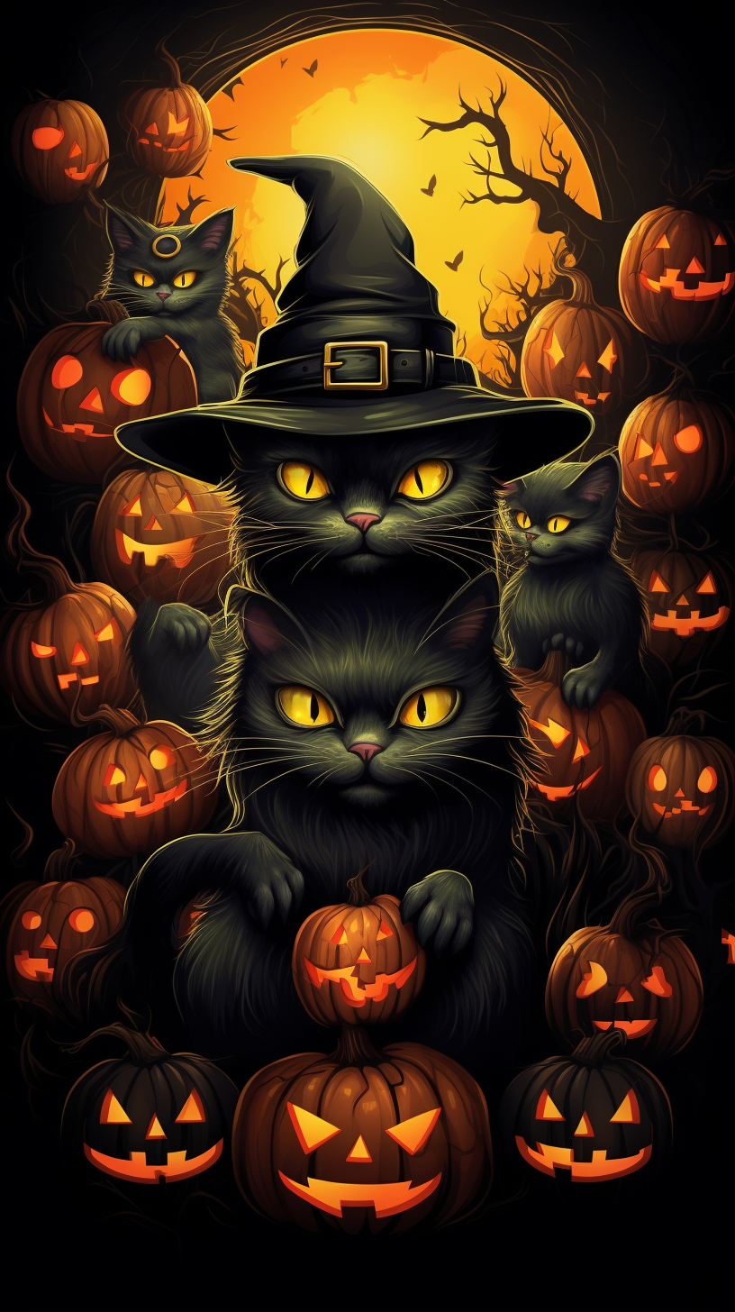 Halloween pumpkins witches skulls black cat