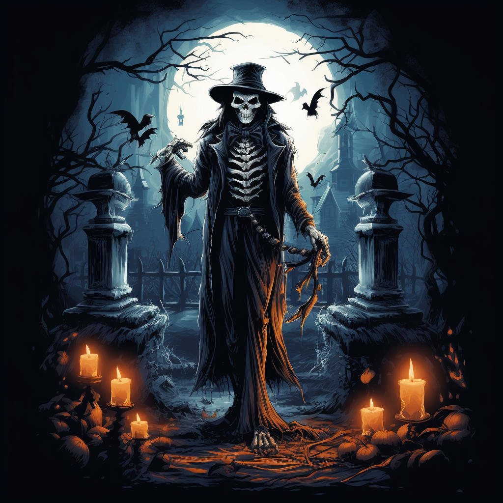 Halloween skeleton in tailcoat inviting to the grave