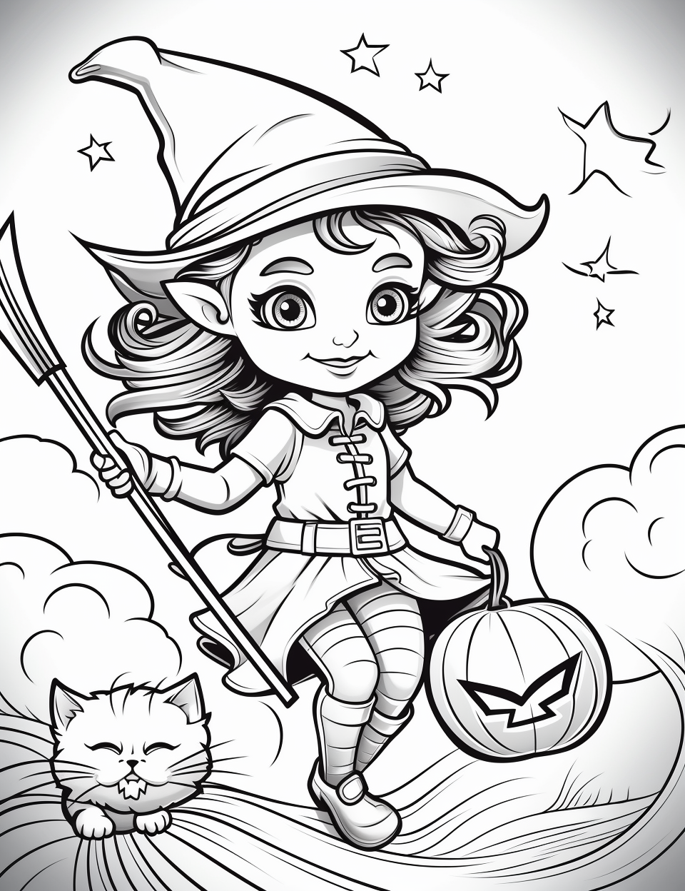 Cartoon-style Halloween witch flying on broomstick with cat