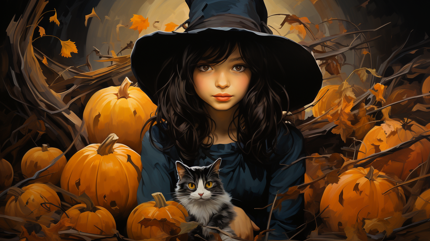 Halloween witch and cat under full moon