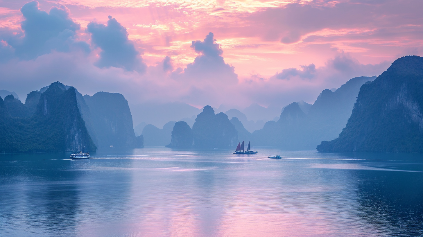 Ha Long Bay Sunset with Pink Clouds and Blue Mountains