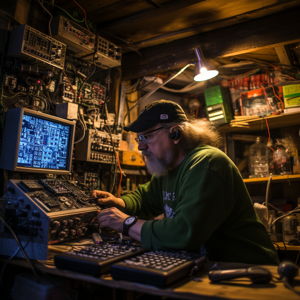 Ham radio enthusiast working on circuit board