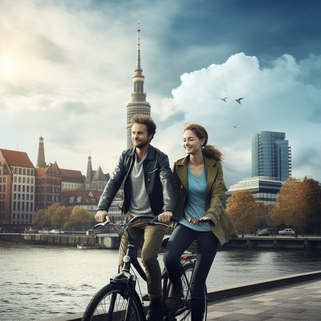 Two people on bicycles in front of Hamburg skyline