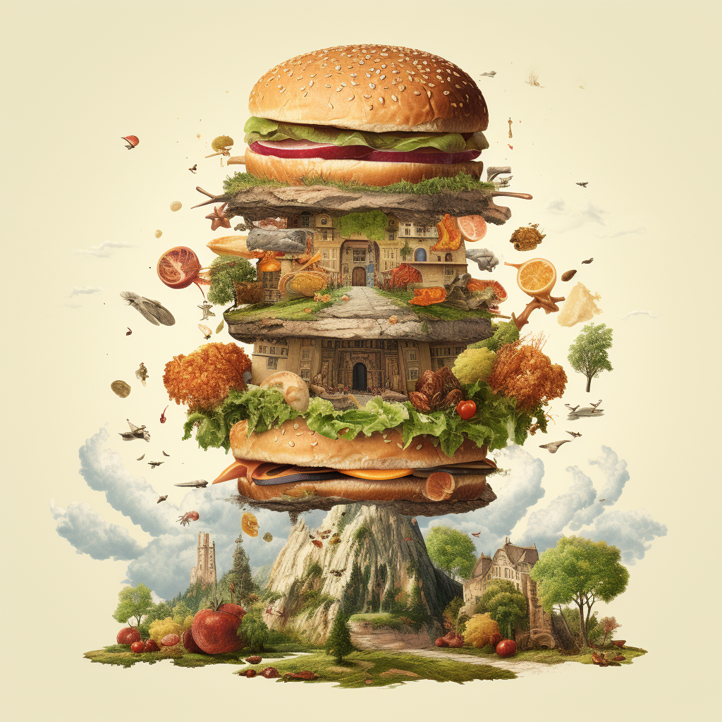 Hamburger ingredients falling into vintage illustration tower