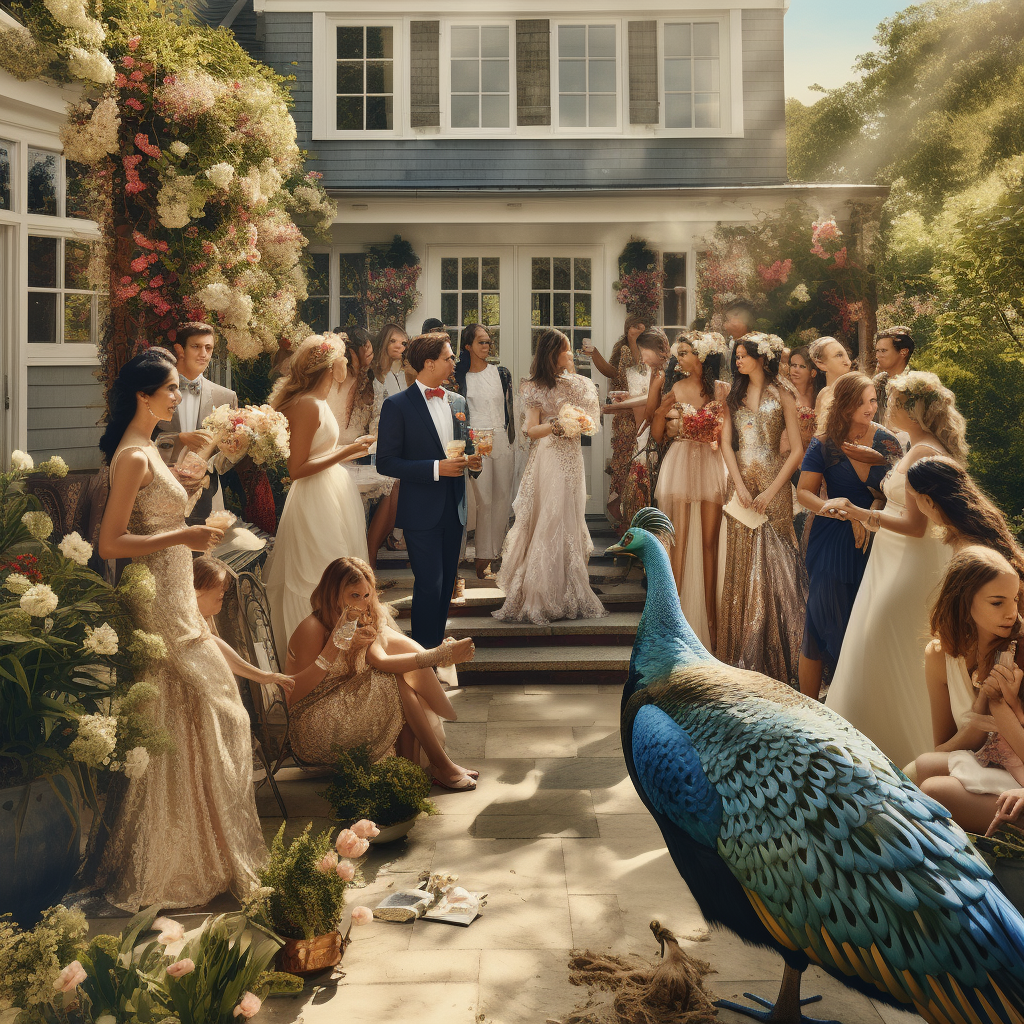 Glamorous house party with flowers and peacocks