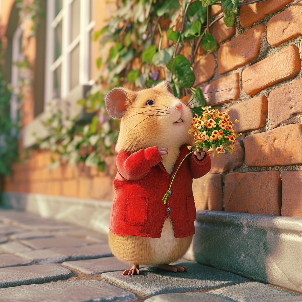 Hamster in red suit biting flower on wall street