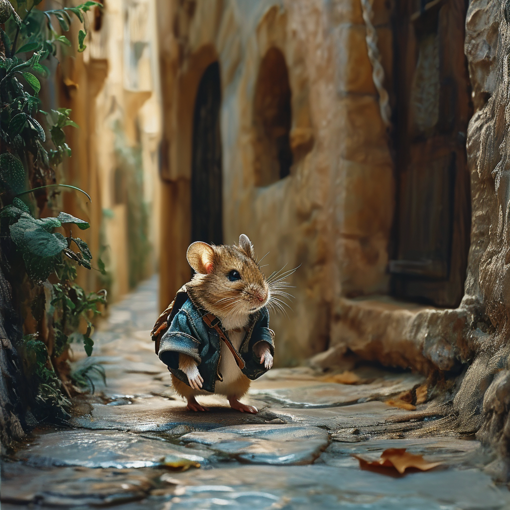 Adorable hamster dressed in clothes walking on a narrow street