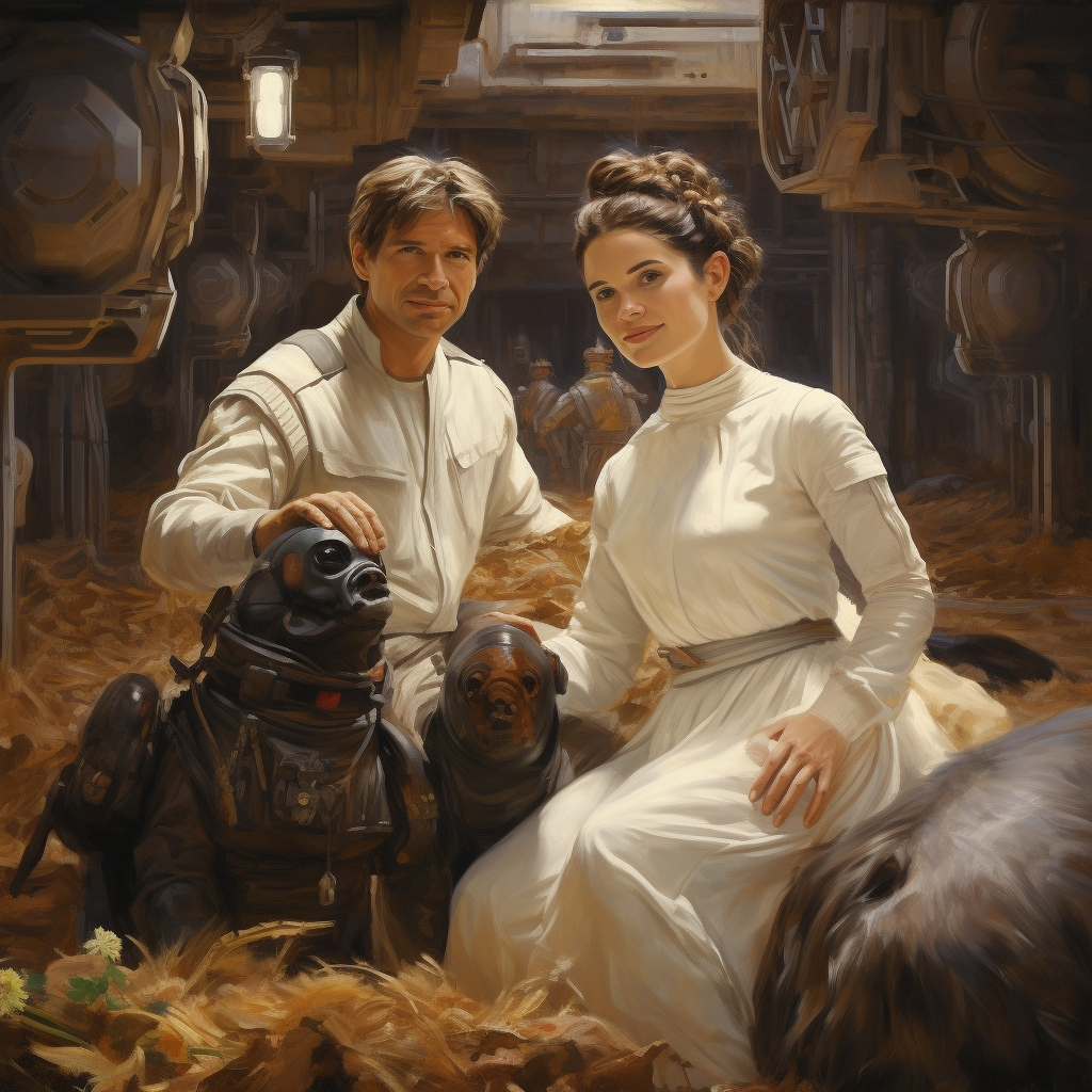 Han and Leia with robot farm animals