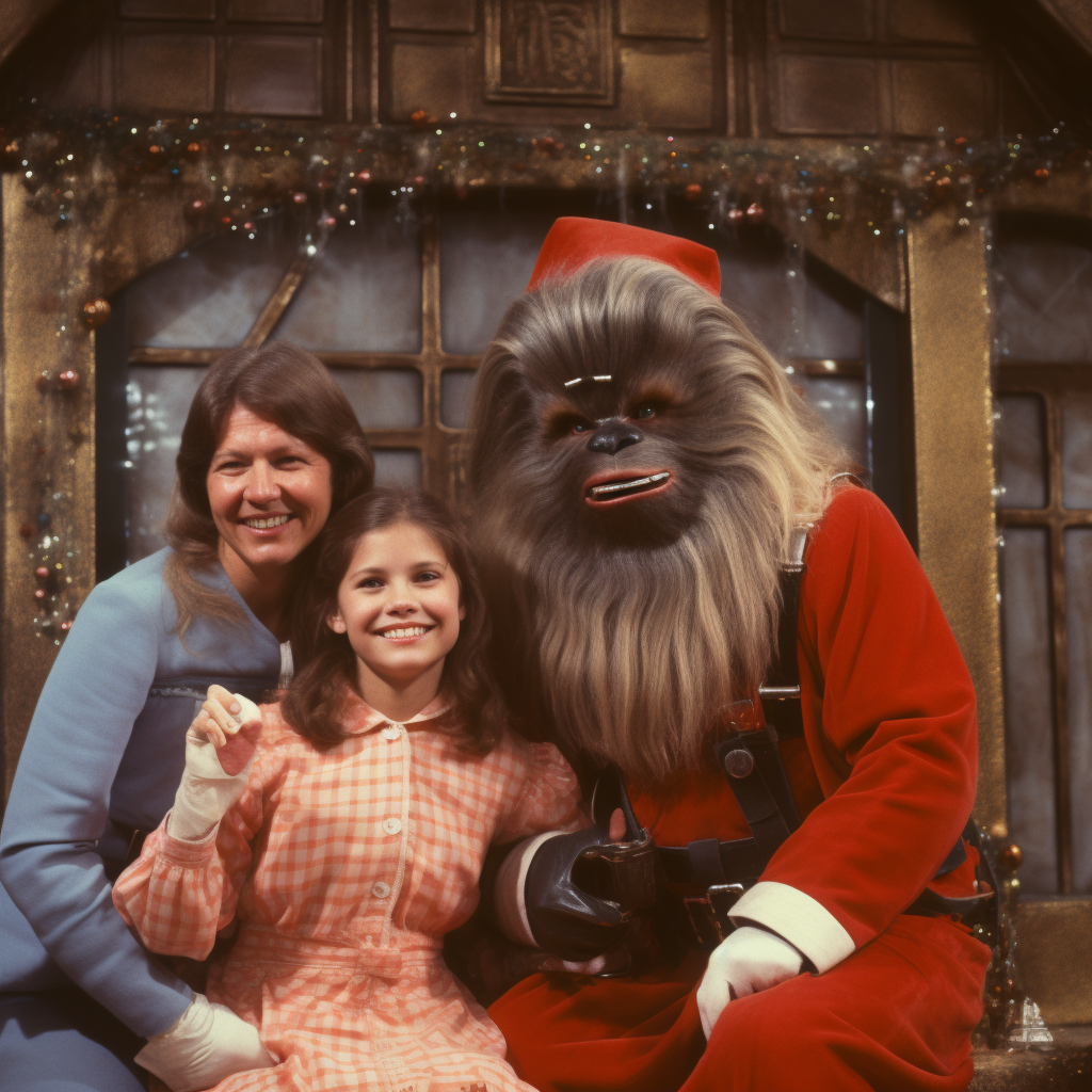 Han and Leia posing for cheesy Christmas mall photos