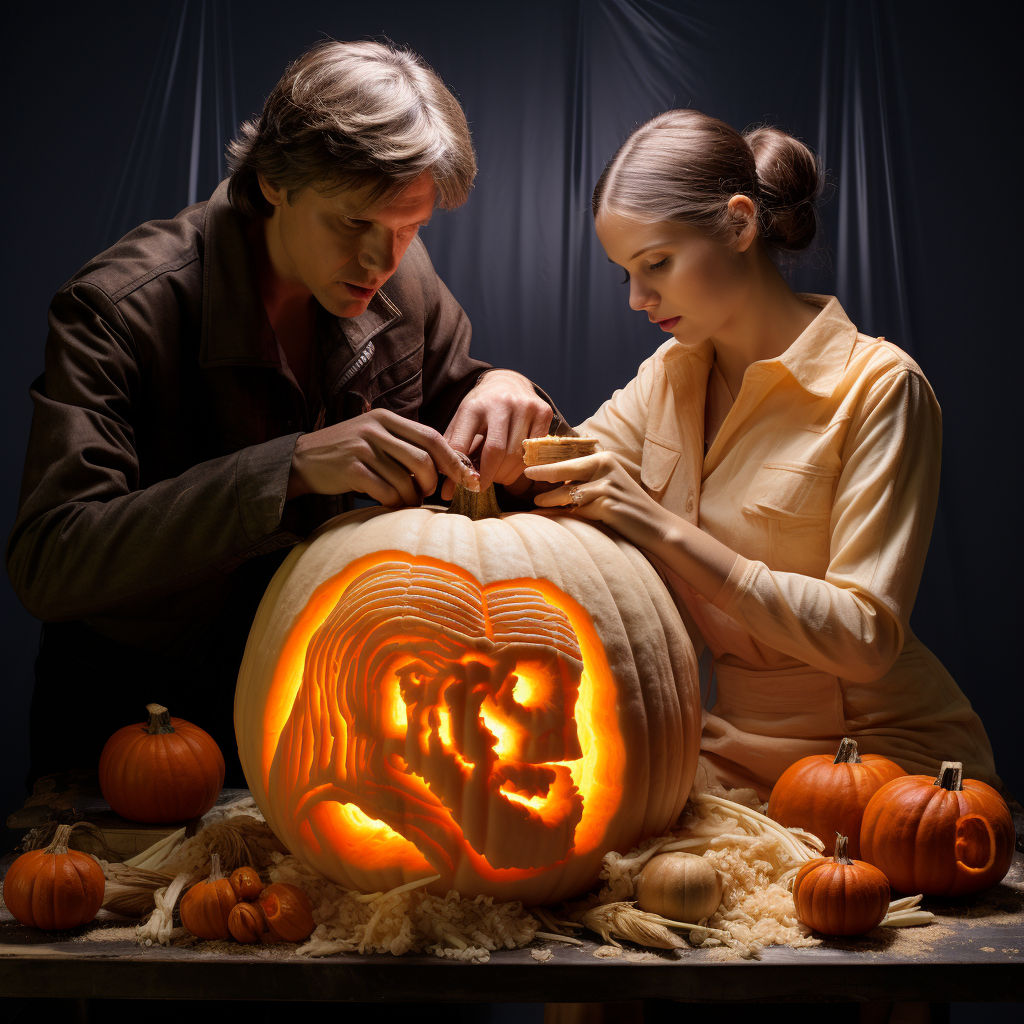 Han and Leia carving pumpkins