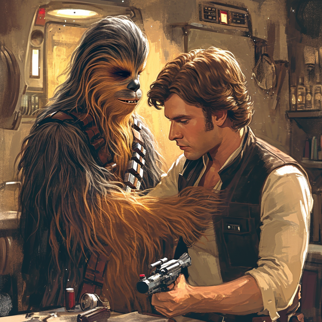 Image of Han Solo giving Chewbacca a haircut