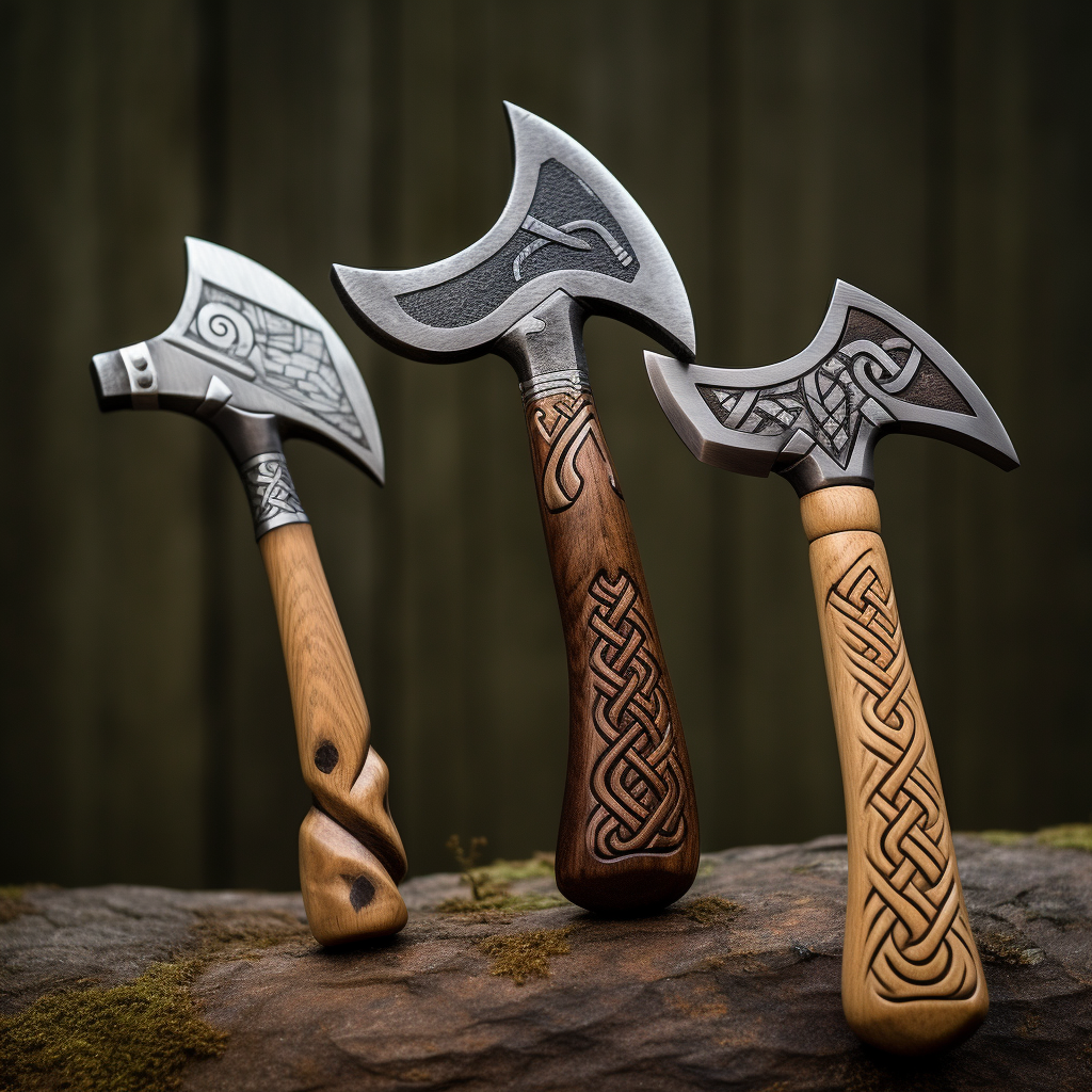 Hand Axe Handles with Polished Wood and Silver Patterns