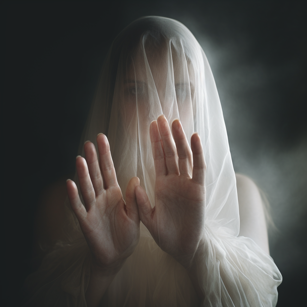 Hand behind veil against light