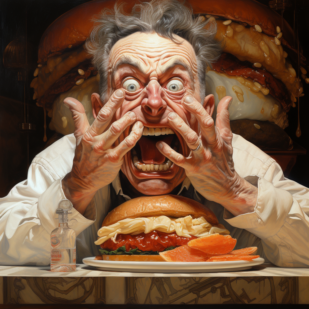 Surreal hand burger painting by Norman Rockwell