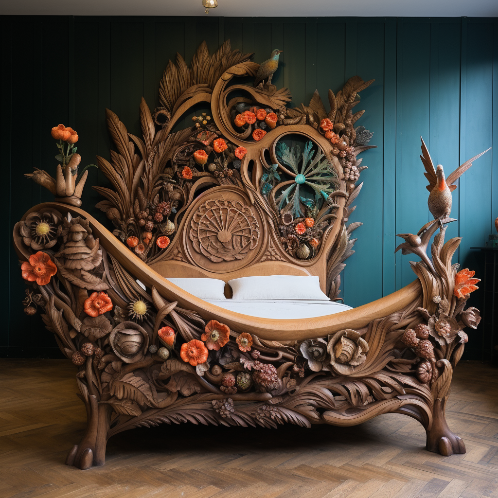 Hand-carved wooden bedframe with birds, flowers, creatures