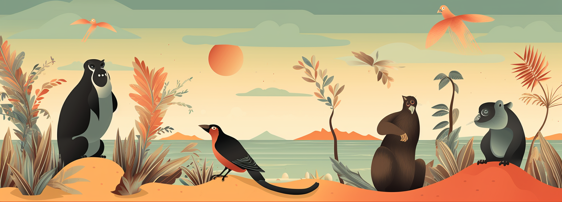 Hand-drawn animal scenery with sloth, lama, surfing monkey, toucan, jaguar, and gorilla