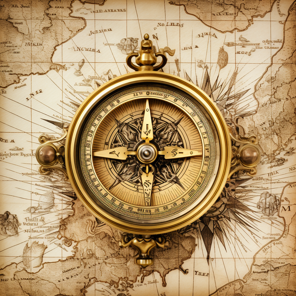 Old hand-drawn compass on map