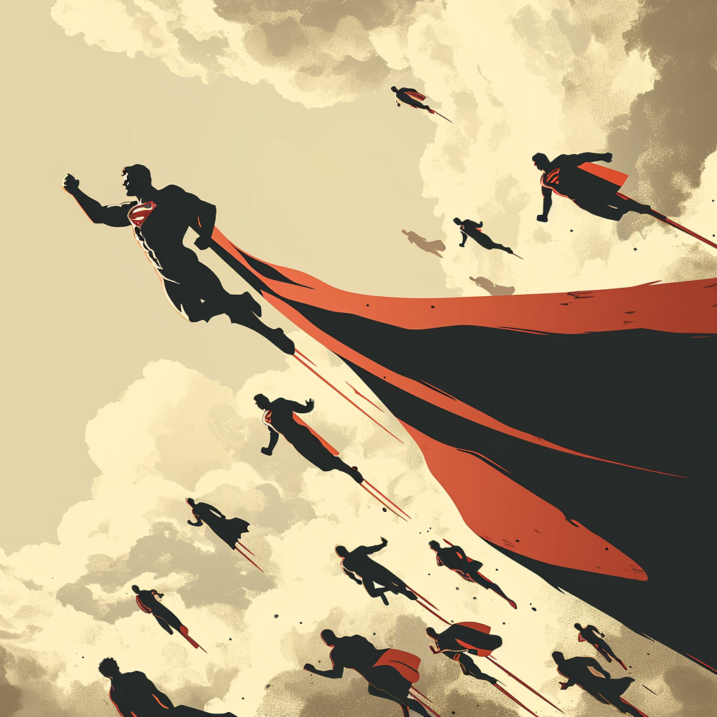 Hand-drawn minimalist superheroes flying in the sky