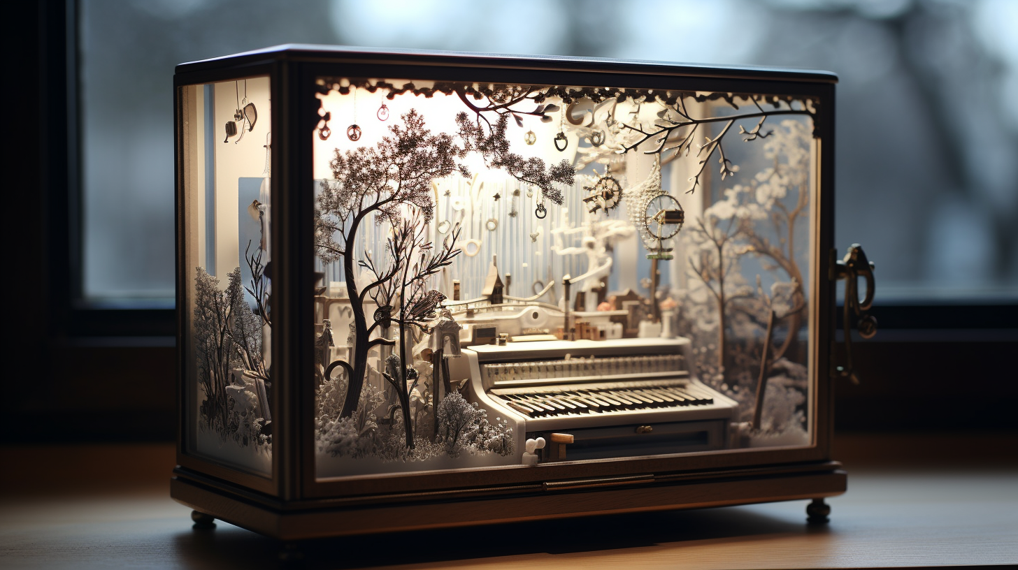 Hand-drawn music box by window