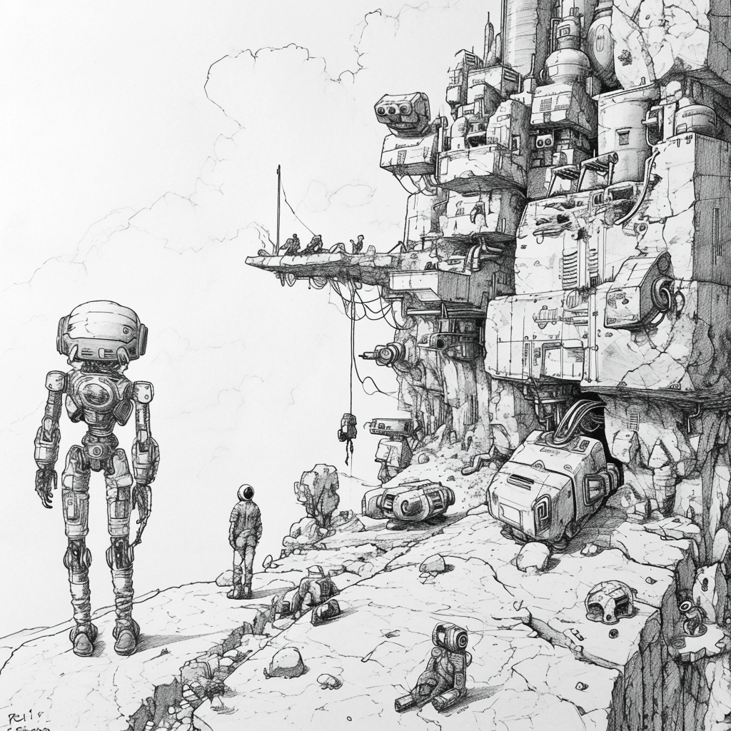 Hand-drawn sketch of surreal landscape with people and robots